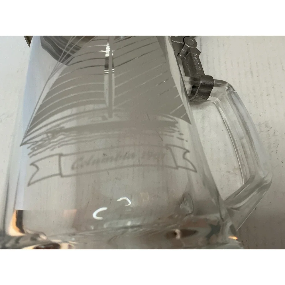 Vintage Glass Beer Stein Etched Columbia 1901 Sailboat Anchor Metal Lid Tankard